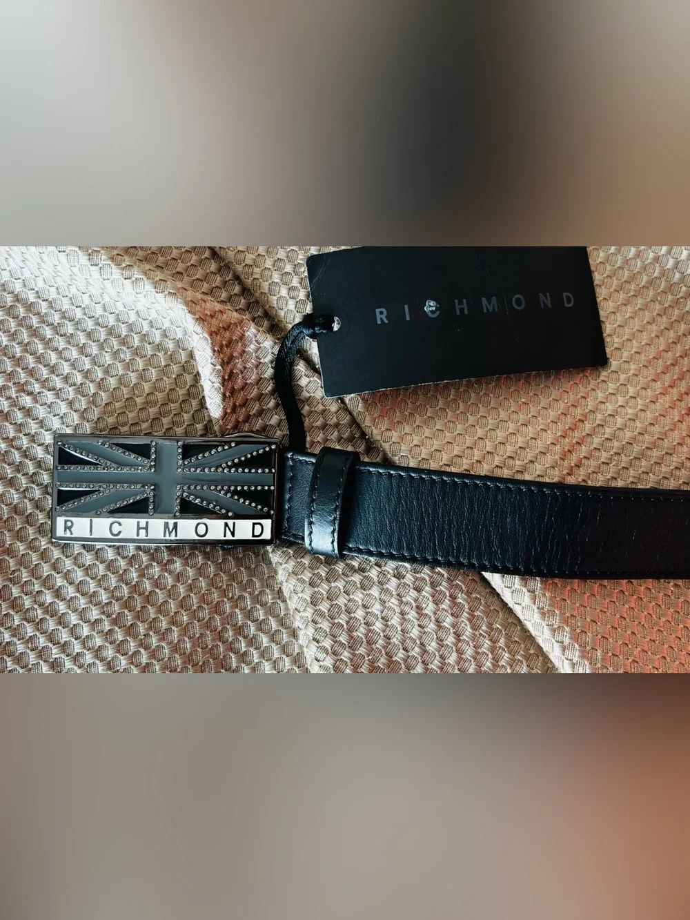 NWT- Richmond Black Leather Belt with Studded Union Jack Buckle